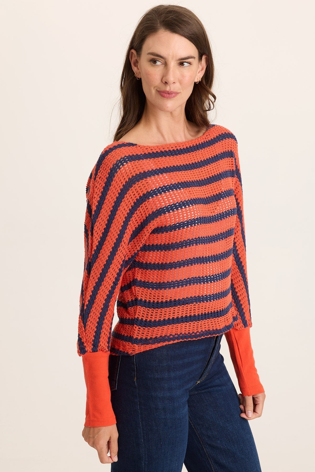 Navy Stripe Knit Boat Neck Pull-Over Gowen Kimono Long Sleeves Top Whiplash - XCVI