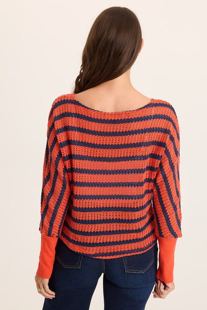 Navy Stripe Knit Boat Neck Pull-Over Gowen Kimono Long Sleeves Top Whiplash - XCVI