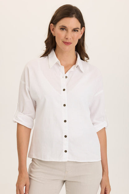Wearables Carrie Linen 3/4-Sleeve High-Low Button-Up White - XCVI