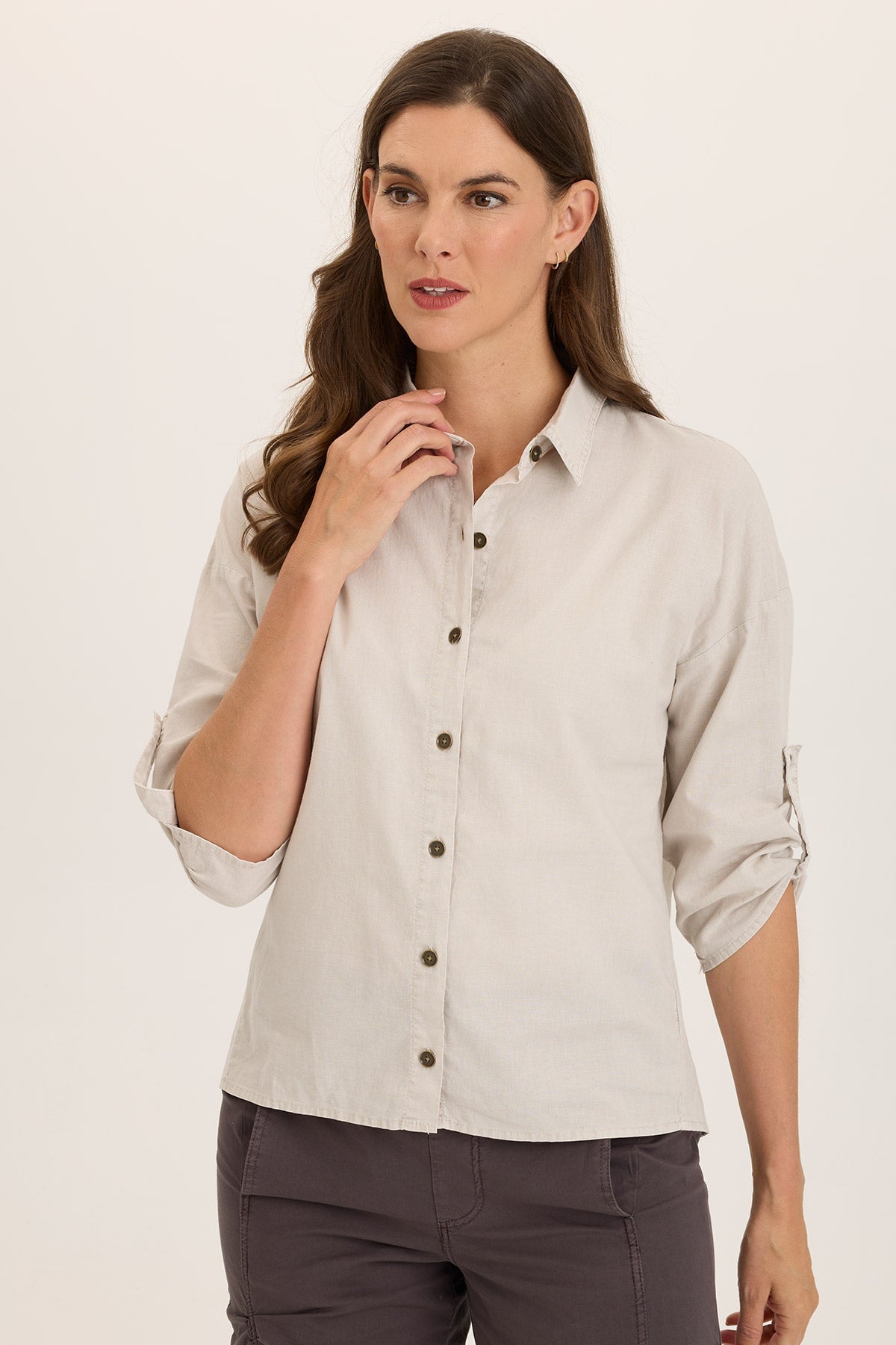Wearables Carrie Linen 3/4-Sleeve High-Low Button-Up Ripple Pigment - XCVI