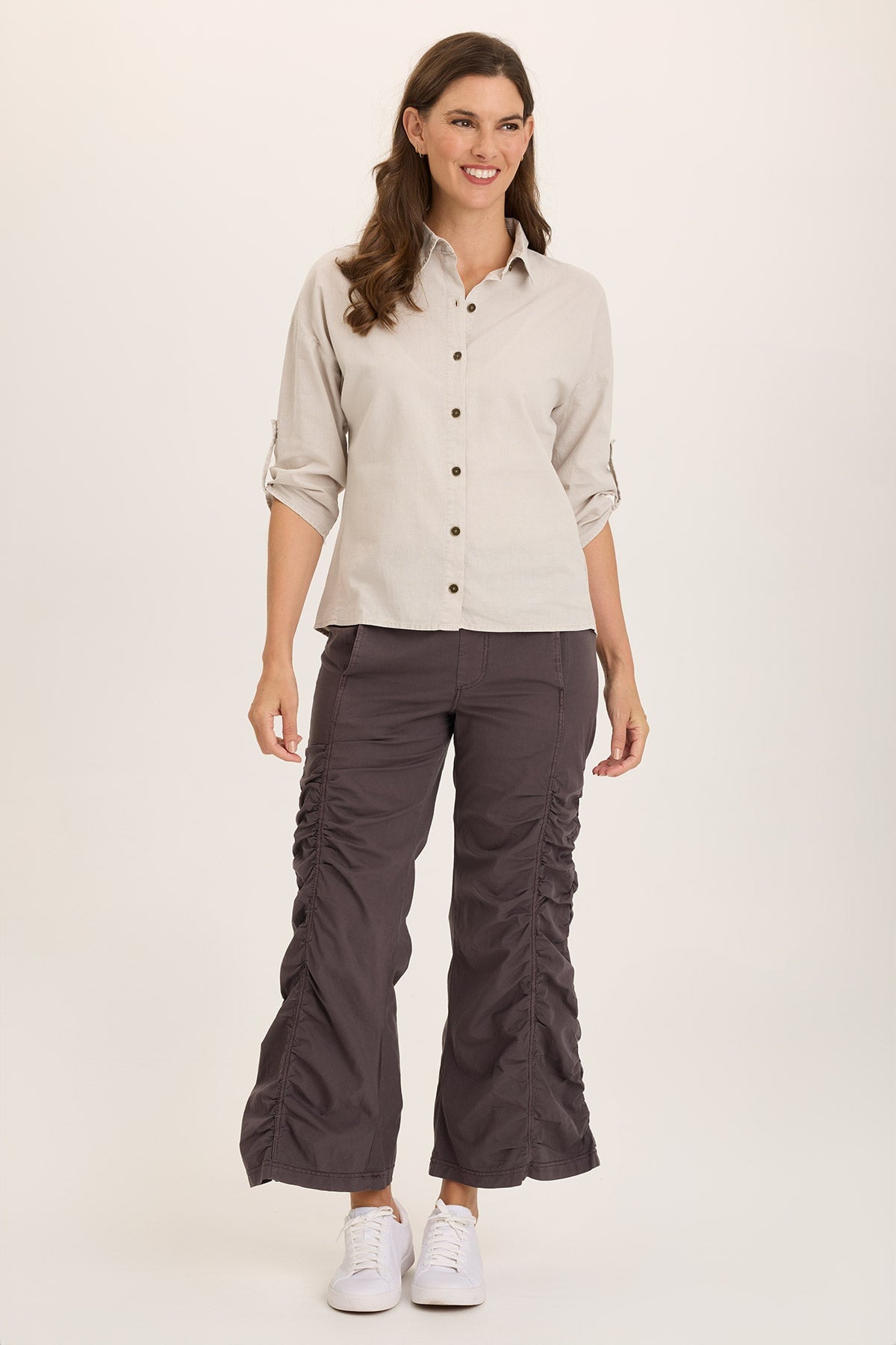 Wearables Carrie Linen 3/4-Sleeve High-Low Button-Up Ripple Pigment - XCVI