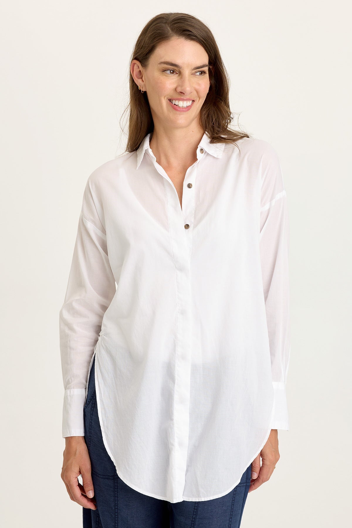 Wearables Ellard Cotton Voile High-Low Side-Slit Button-Up Blouse White - XCVI