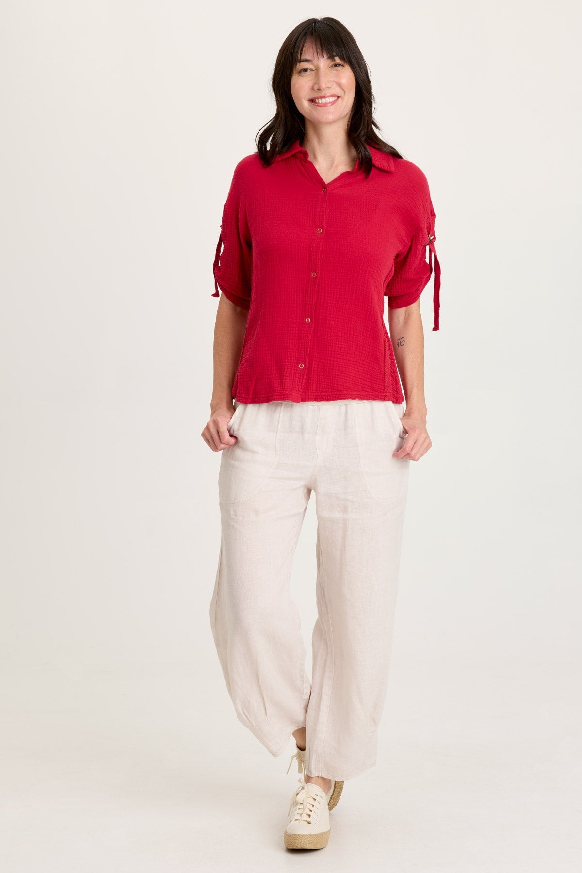 Kaleo Gauze Ladder Lace Trim Snap-Up Tabbed Sleeve Top Red Garnet - XCVI