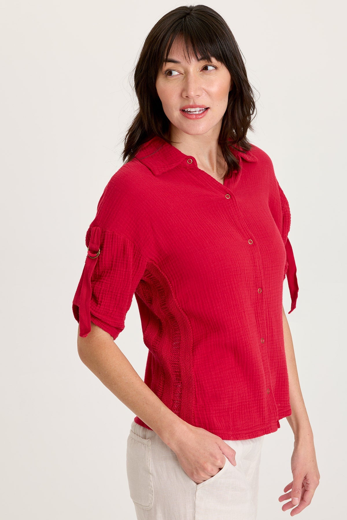 Kaleo Gauze Ladder Lace Trim Snap-Up Tabbed Sleeve Top Red Garnet - XCVI