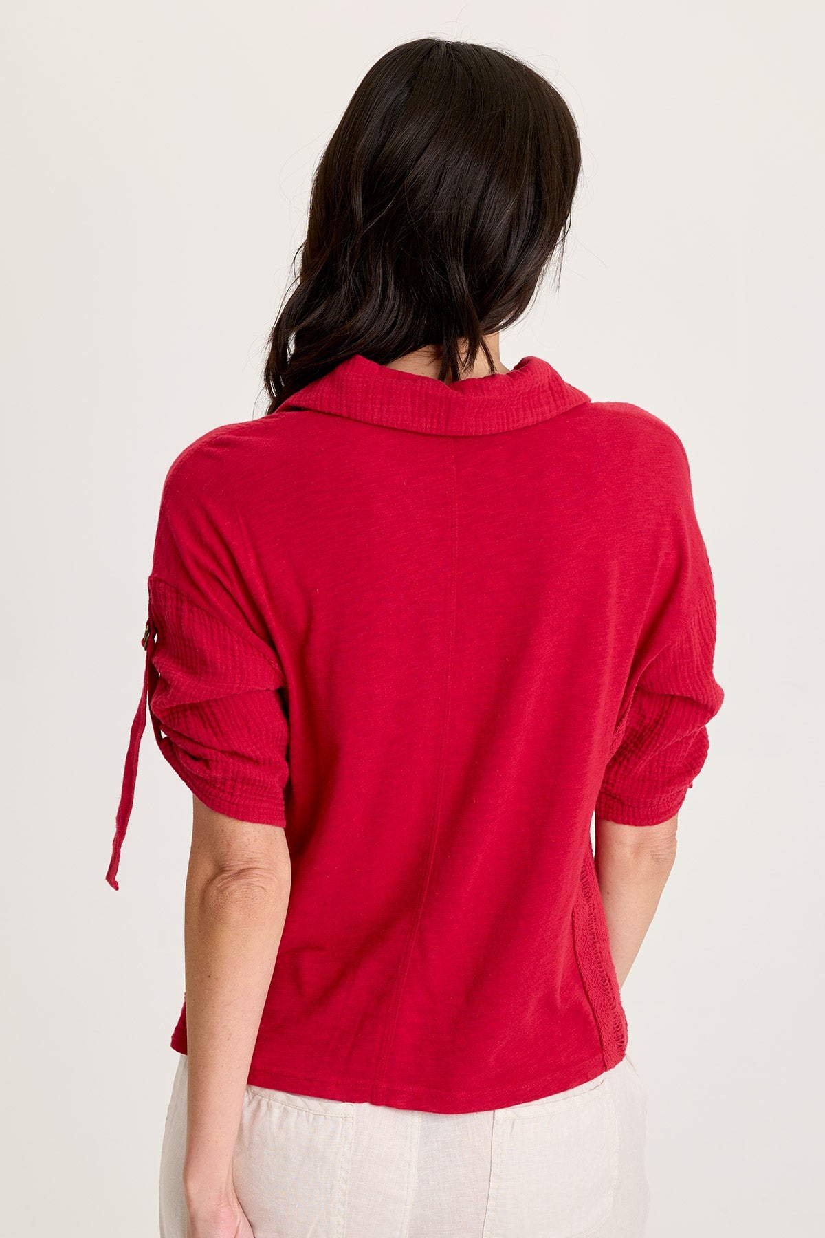 Kaleo Gauze Ladder Lace Trim Snap-Up Tabbed Sleeve Top Red Garnet - XCVI