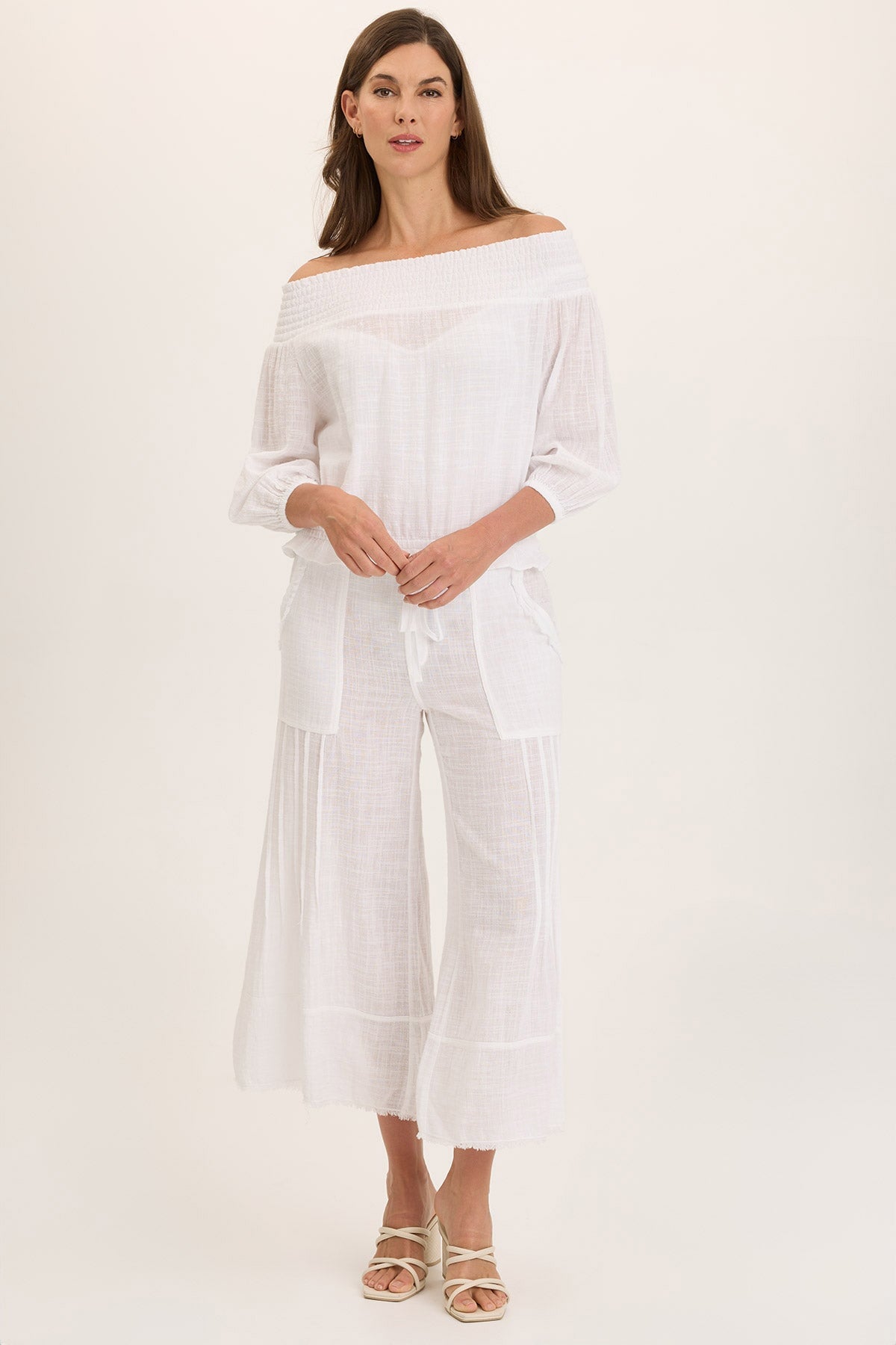 Wearables Jolia Gauze Off-Shoulder Banded Hem Peasant Top White - XCVI