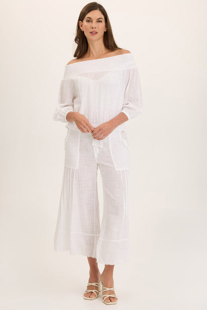 Wearables Jolia Gauze Off-Shoulder Banded Hem Peasant Top White - XCVI