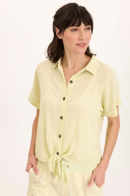 Wearables Teagan Gauze Button-Up Tie Top Lemon Meringue Pigment - XCVI