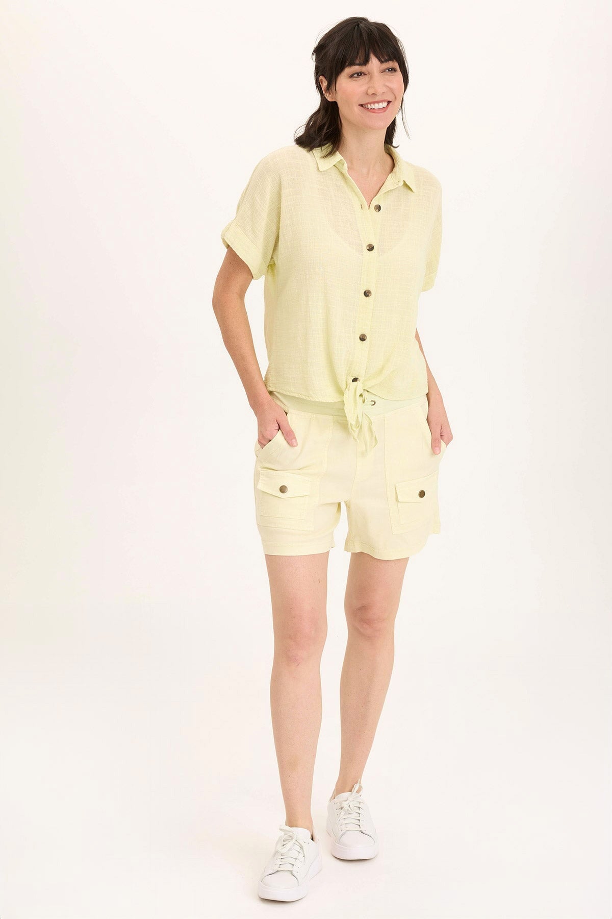 Wearables Teagan Gauze Button-Up Tie Top Lemon Meringue Pigment - XCVI
