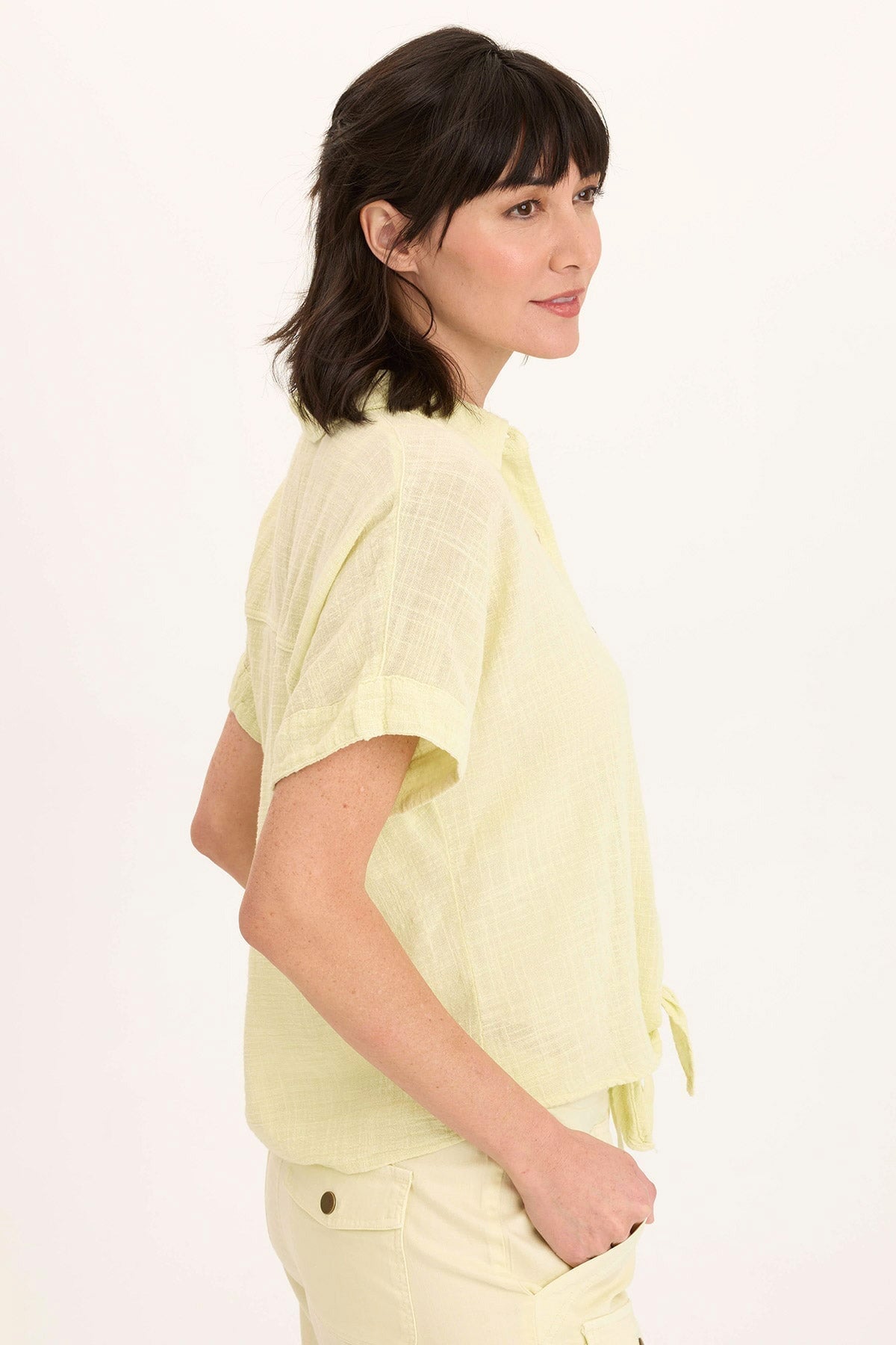 Wearables Teagan Gauze Button-Up Tie Top Lemon Meringue Pigment - XCVI