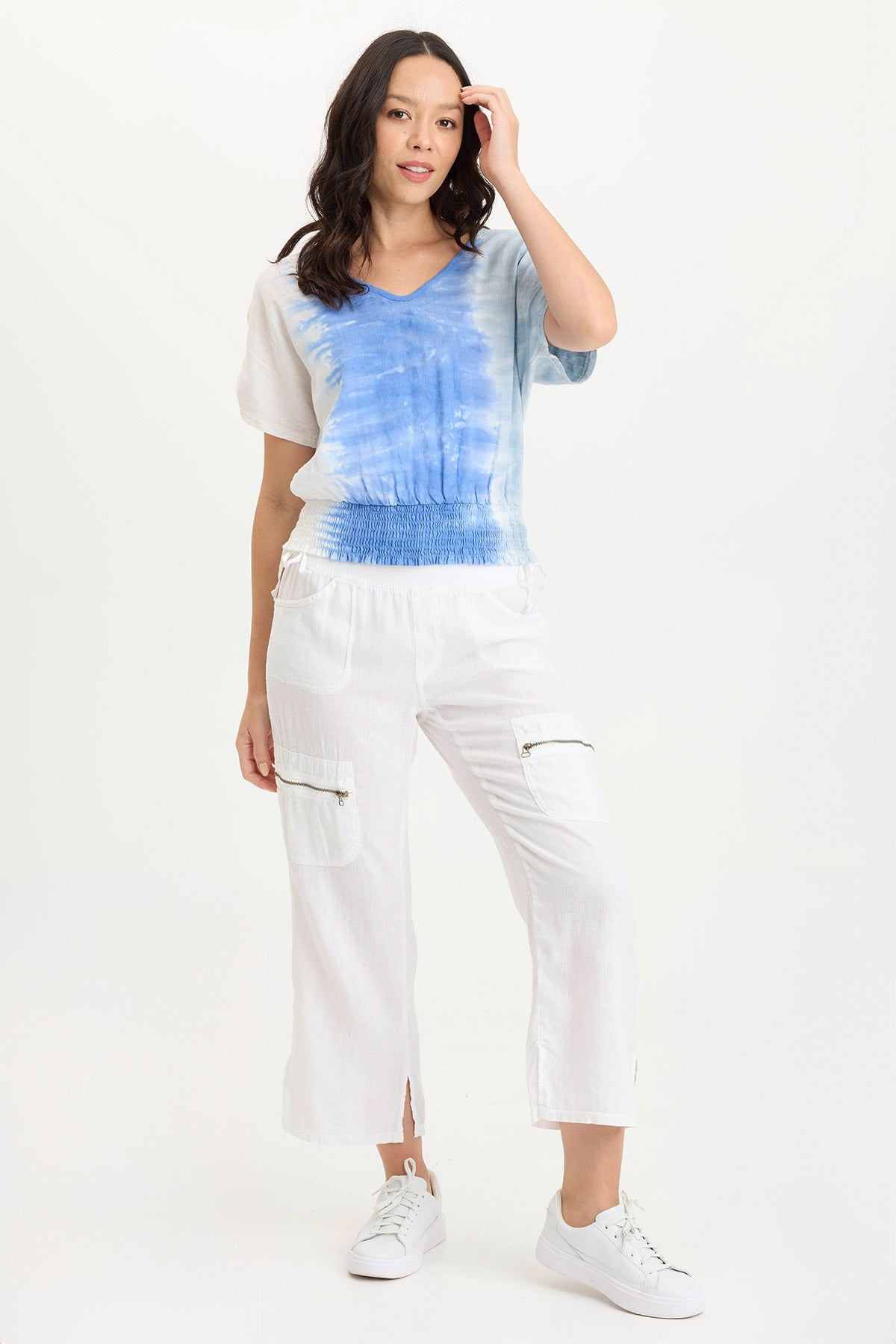 Oko Breathable Light Linen Cinched Hem Top Aerial Wash Coastline - XCVI