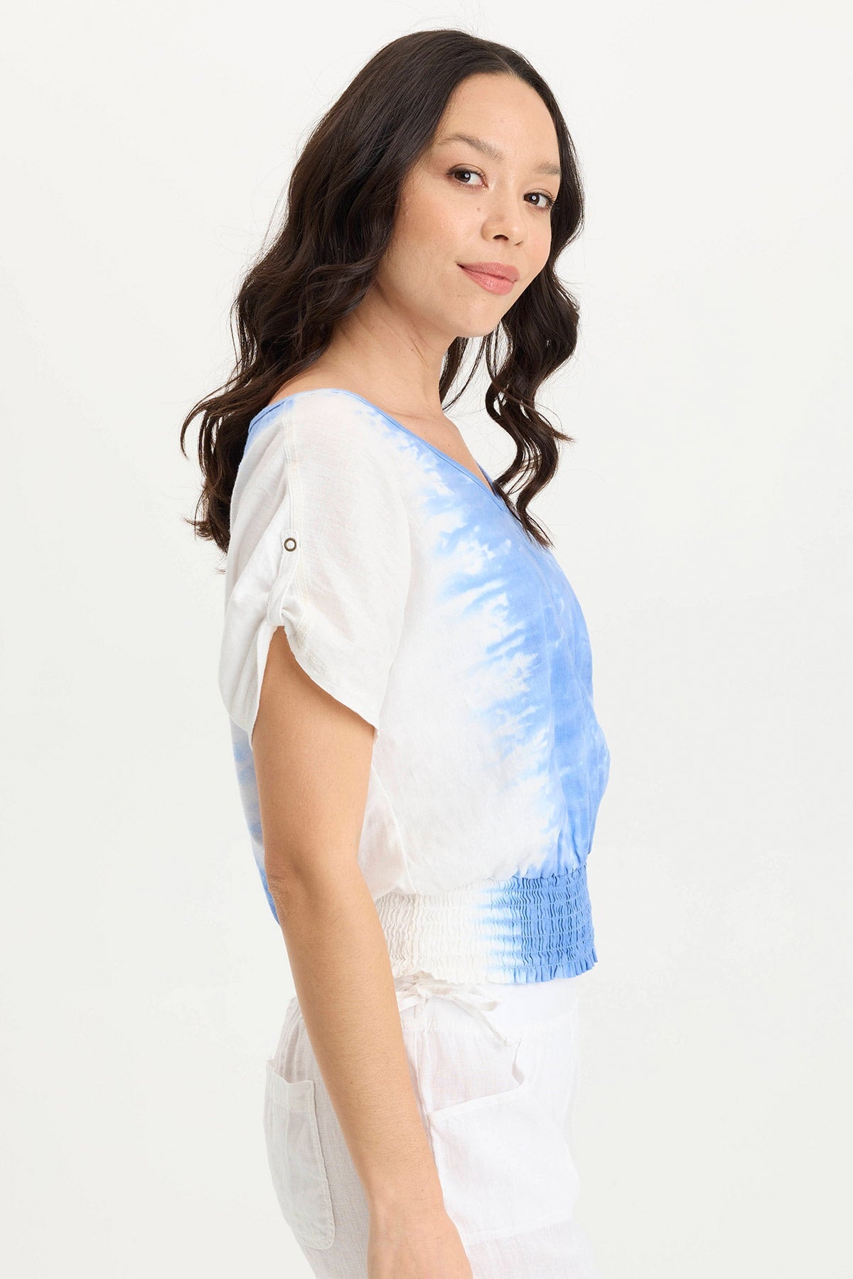 Oko Breathable Light Linen Cinched Hem Top Aerial Wash Coastline - XCVI