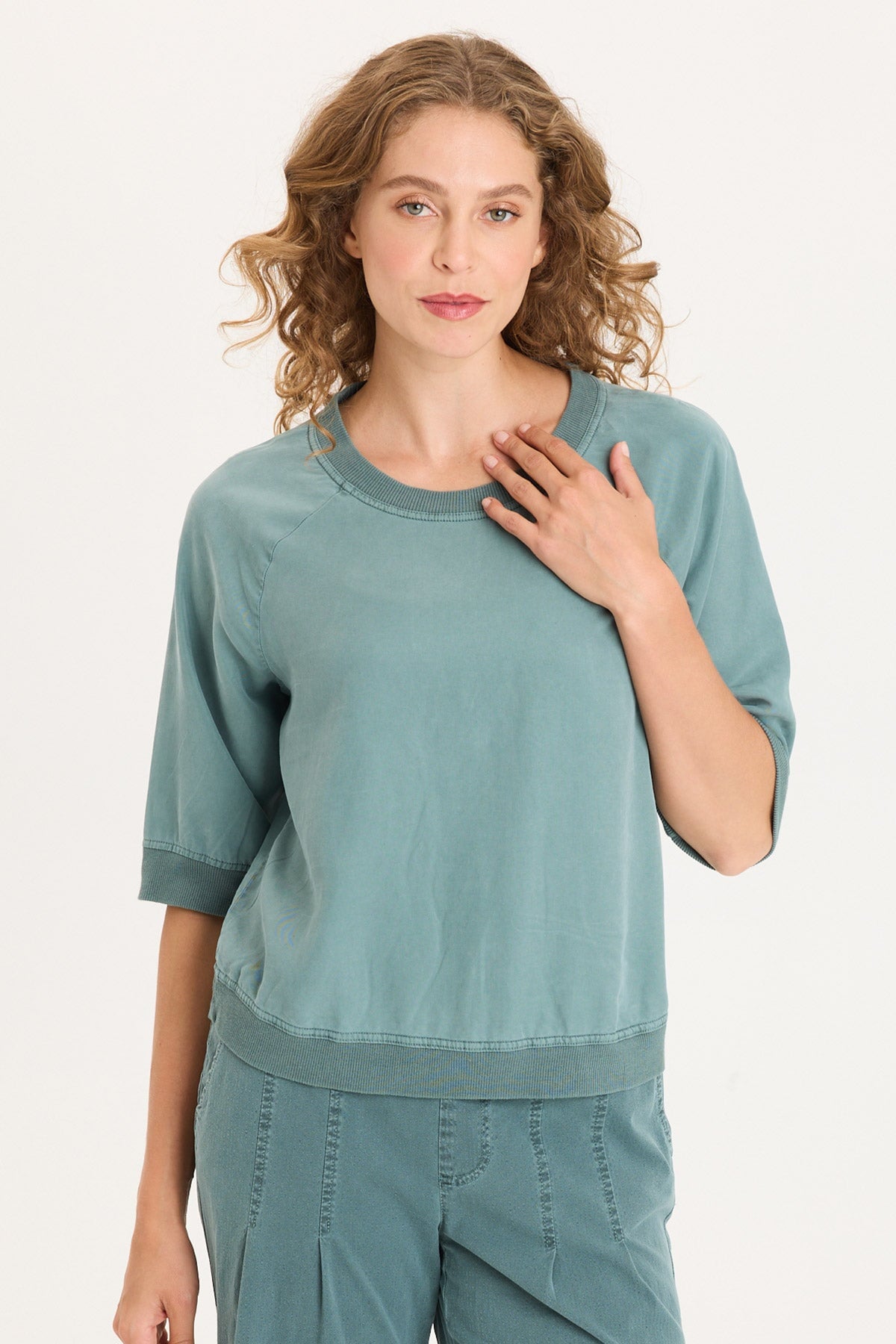 Twill/Rib Elongated Raglan Short Sleeves and Snap-Up Back Linton Top Ocean Storm Pigment - XCVI