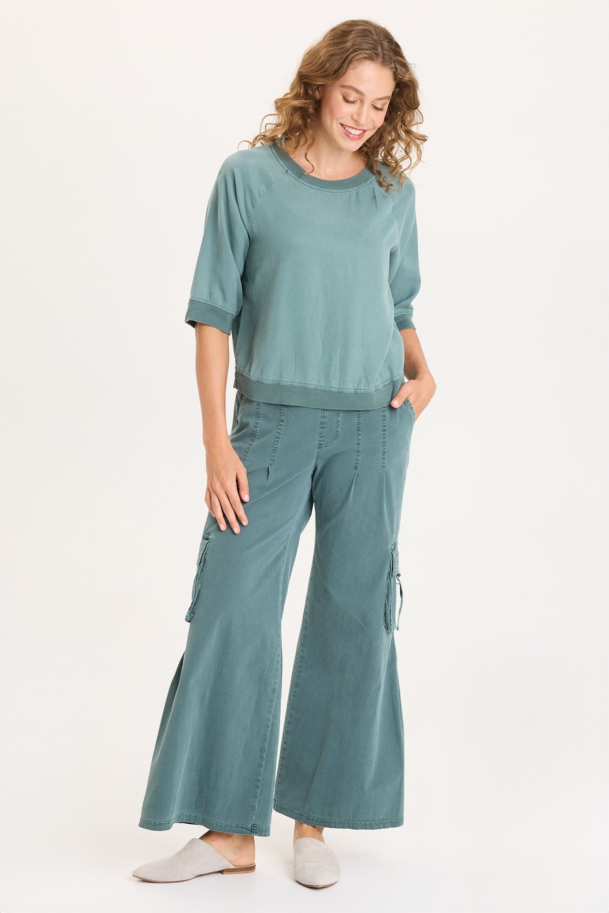 Twill/Rib Elongated Raglan Short Sleeves and Snap-Up Back Linton Top Ocean Storm Pigment - XCVI