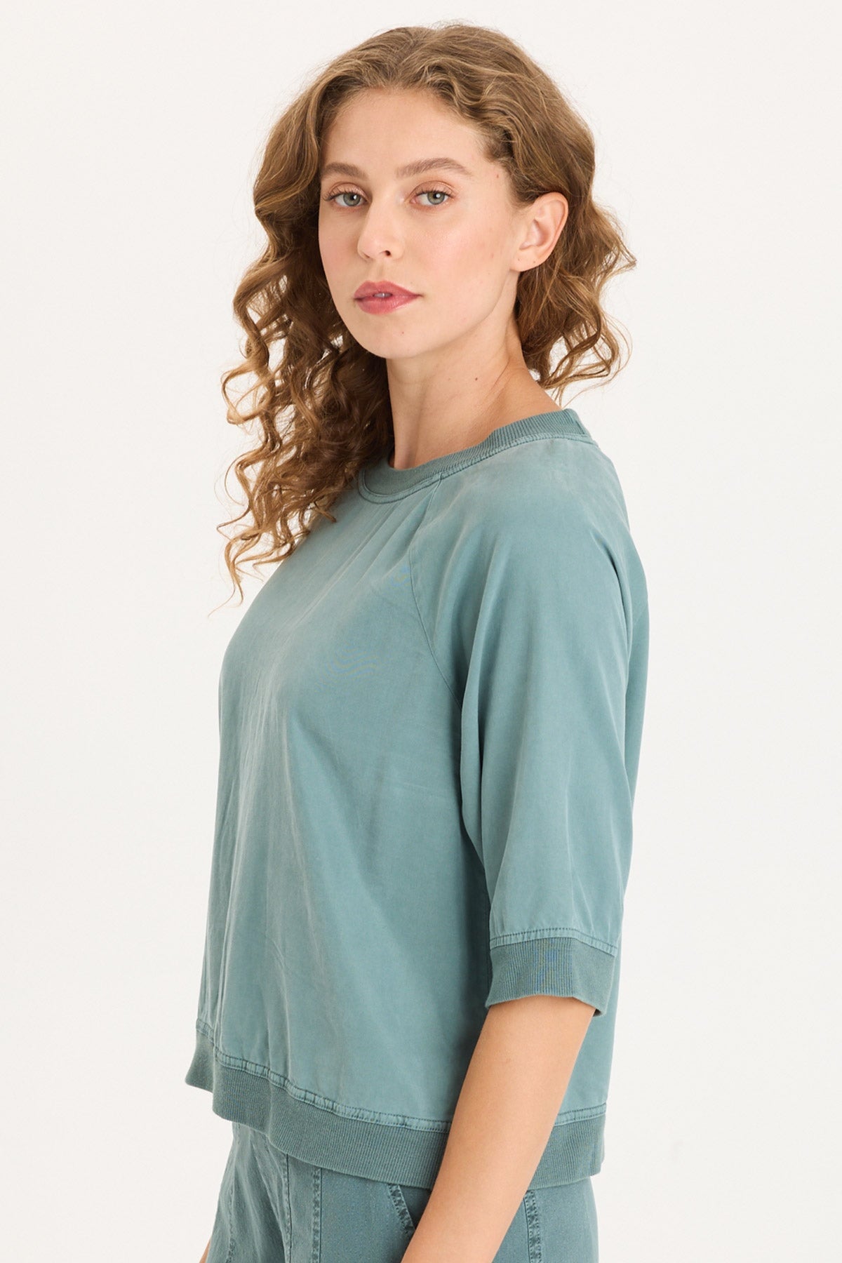 Twill/Rib Elongated Raglan Short Sleeves and Snap-Up Back Linton Top Ocean Storm Pigment - XCVI