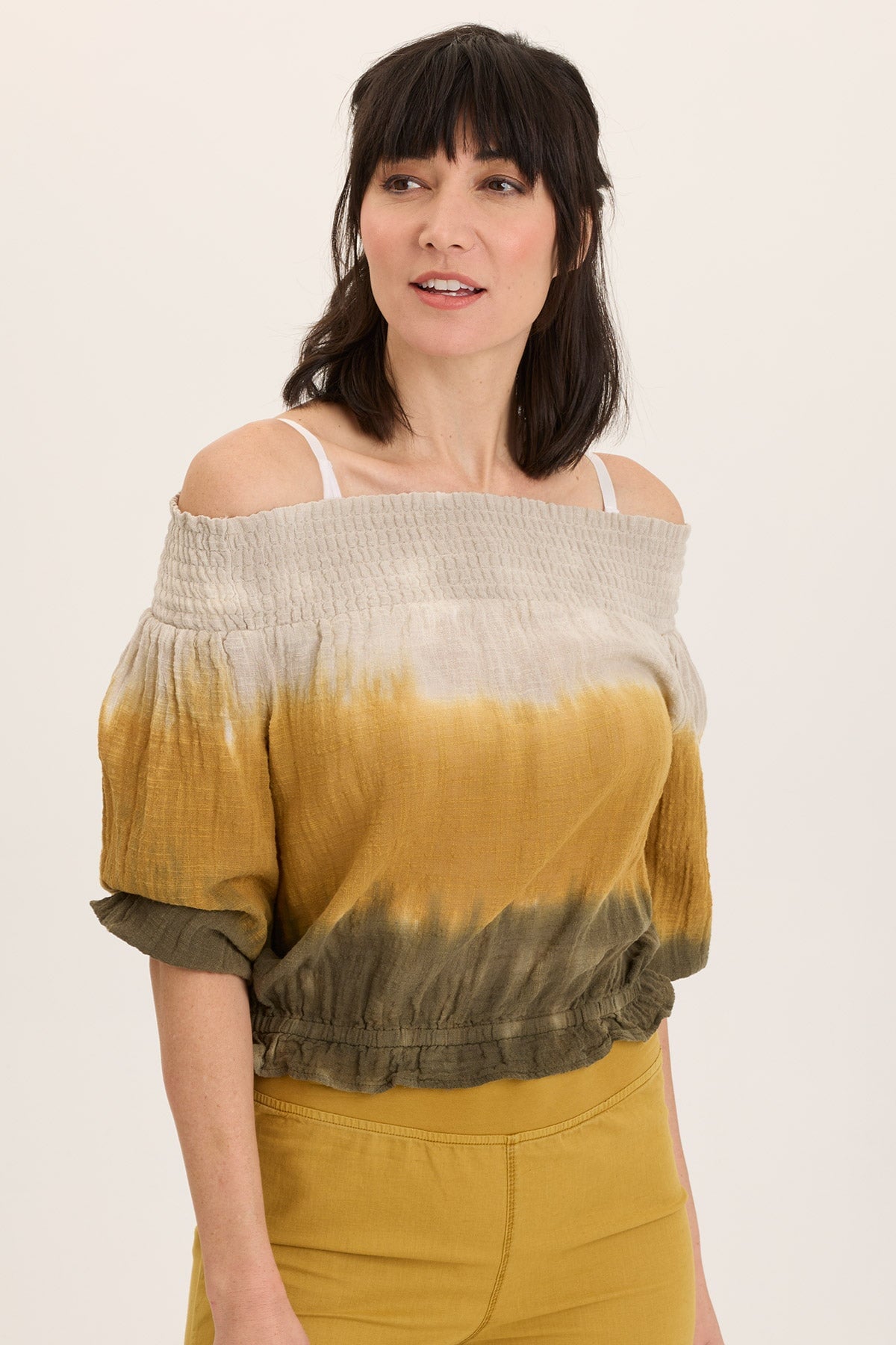 Wearables Jolia Gauze Off-Shoulder Banded Hem Peasant Top Tricolor Ombre Voyage - XCVI