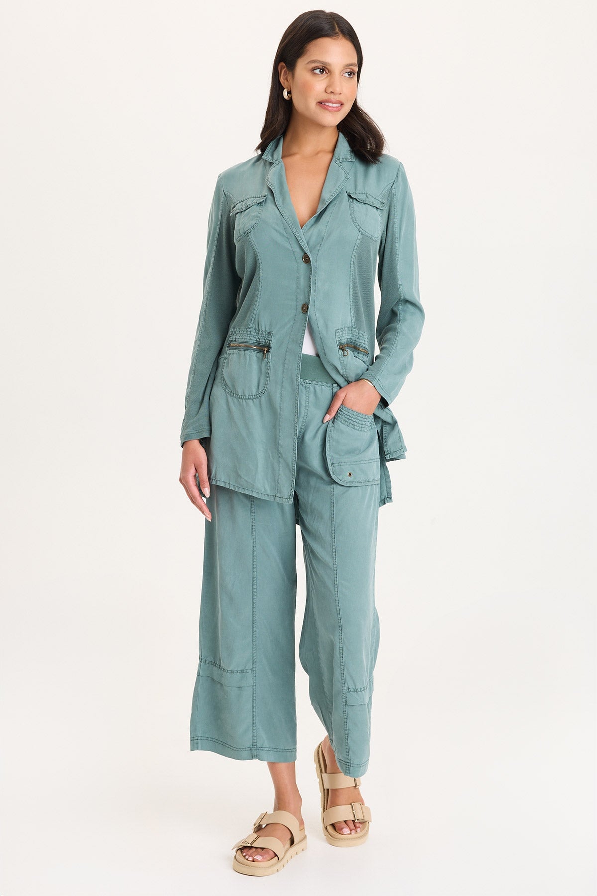 Cutmore One-Button Closure Side Slit Long Twill Blazer Ocean Storm Pigment - XCVI