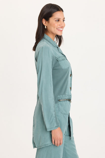 Cutmore One-Button Closure Side Slit Long Twill Blazer Ocean Storm Pigment - XCVI
