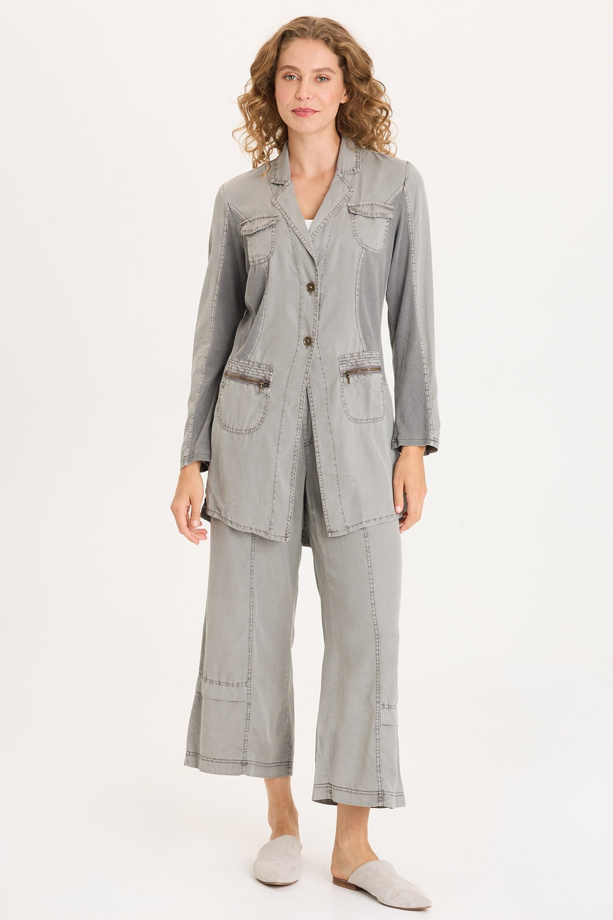 Cutmore One-Button Closure Side Slit Long Twill Blazer Magnetic Grey Pigment - XCVI