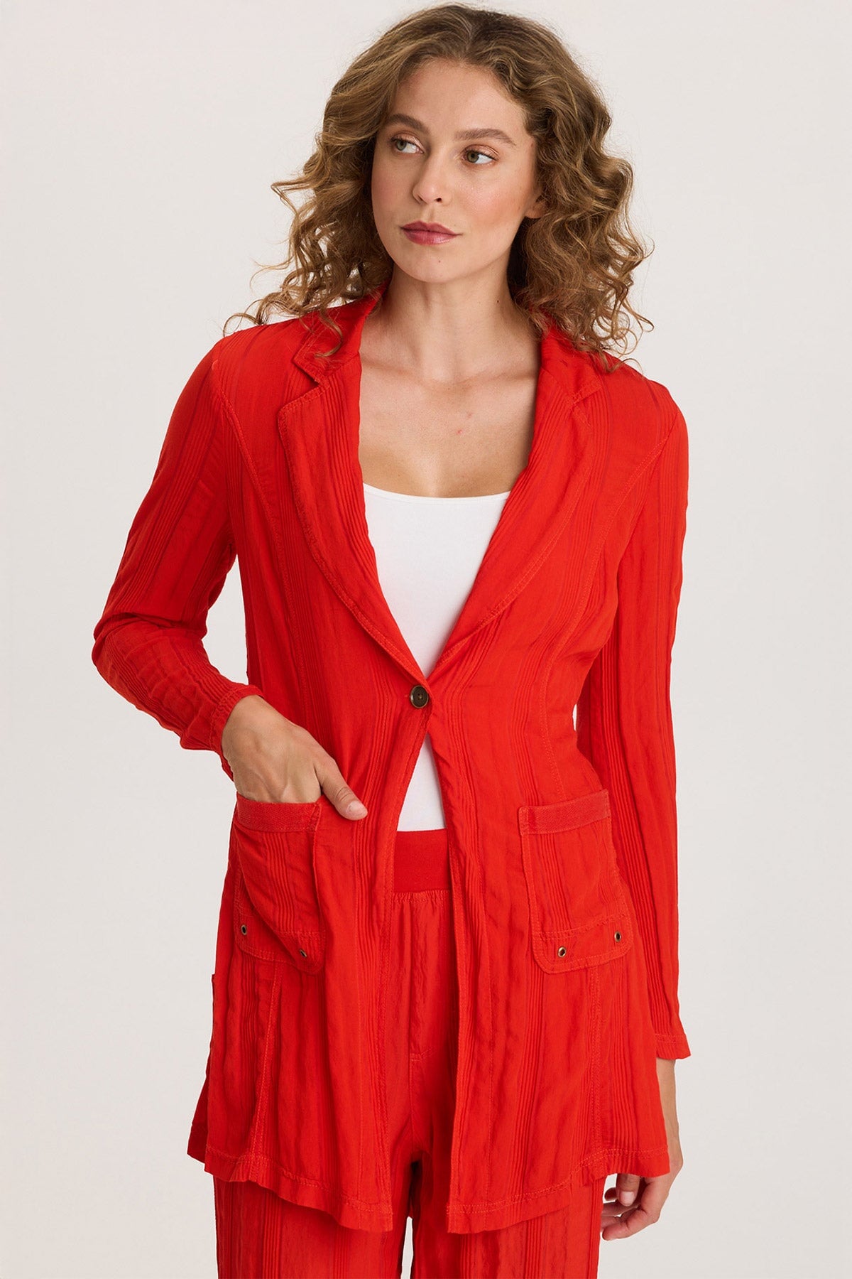 One-Button Textured Stripe Long Barron Blazer Whiplash - XCVI