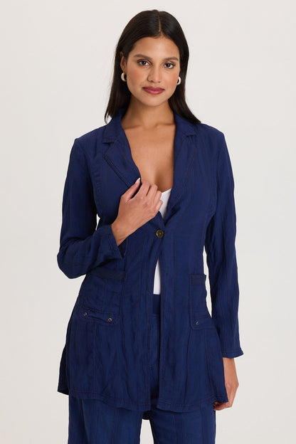 One-Button Textured Stripe Long Barron Blazer Hague Blue Pigment - XCVI