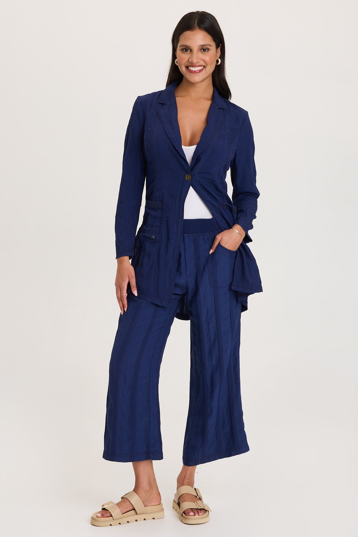 One-Button Textured Stripe Long Barron Blazer Hague Blue Pigment - XCVI