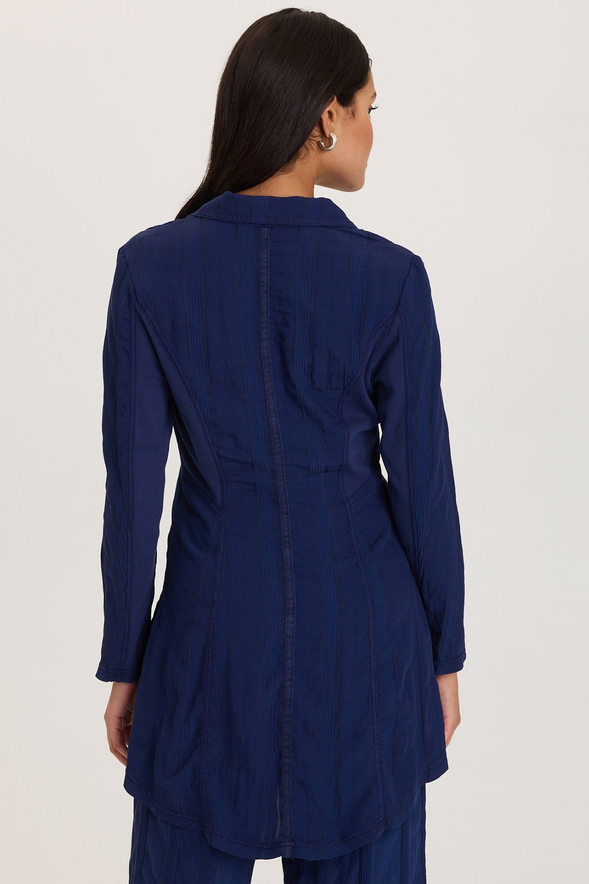 One-Button Textured Stripe Long Barron Blazer Hague Blue Pigment - XCVI