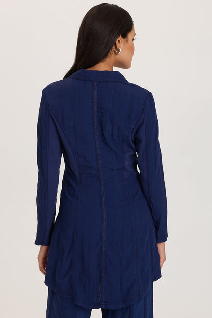 One-Button Textured Stripe Long Barron Blazer Hague Blue Pigment - XCVI
