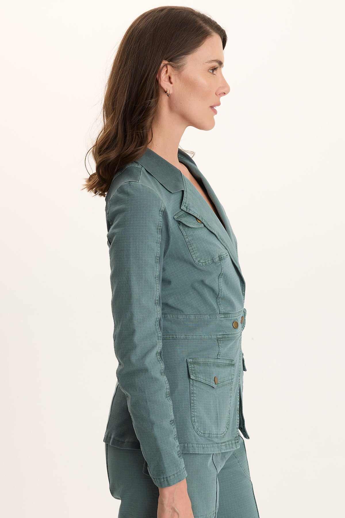 Lochlyn Fitted Snap-Detail Stretch Blazer Jacket Ocean Storm Pigment - XCVI