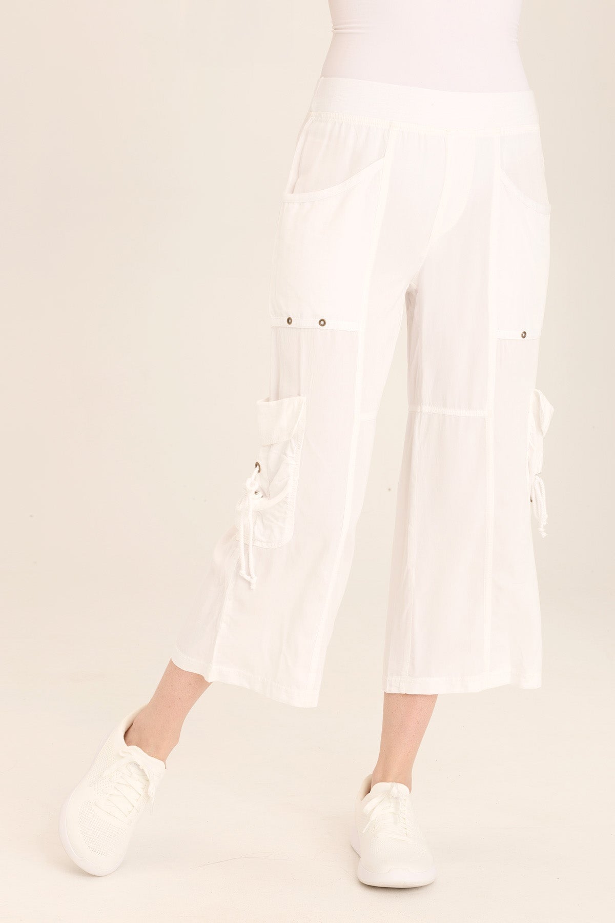 Wearables Yana Wide Leg Crop Cargo Gaucho pant with brass hardware + elastic waist in White White - XCVI