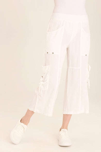 Wearables Yana Wide Leg Crop Cargo Gaucho pant with brass hardware + elastic waist in White White - XCVI