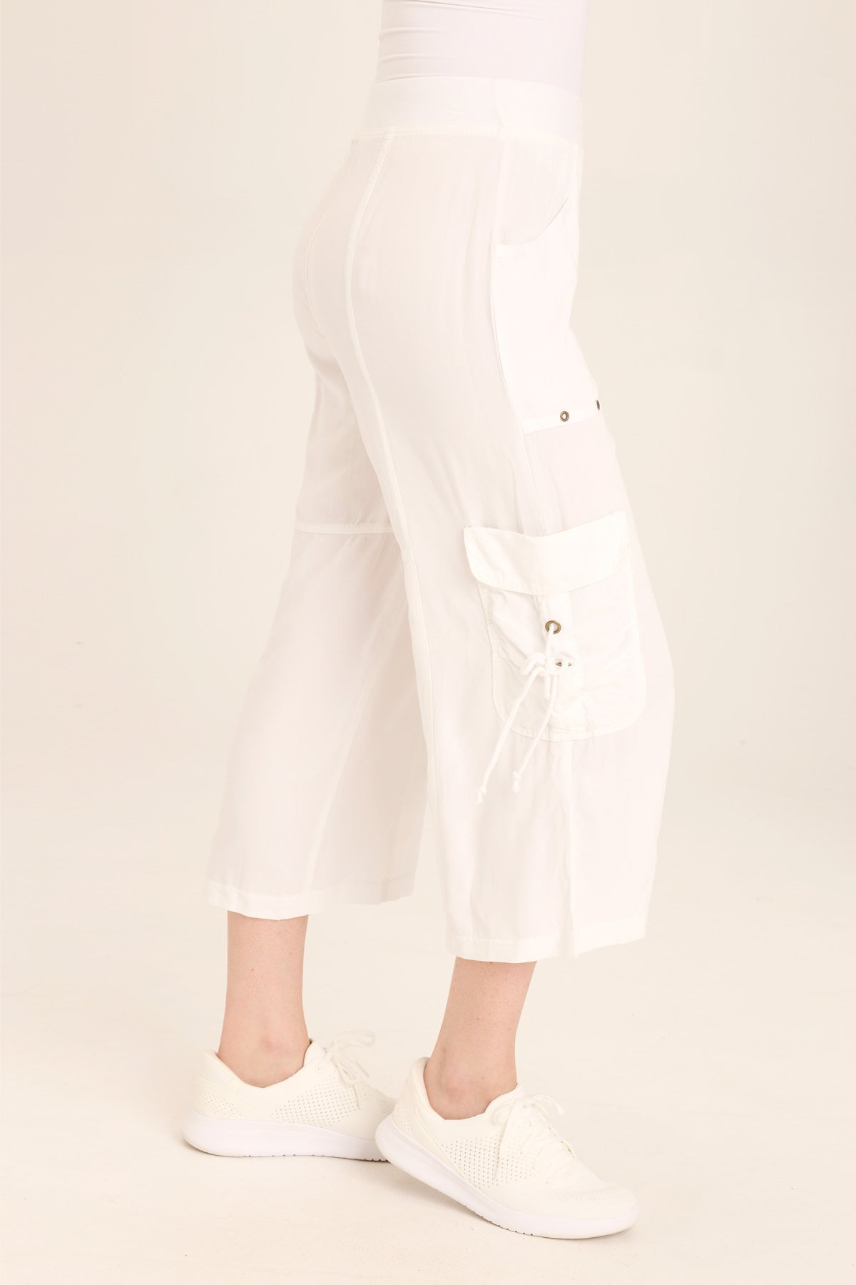 Wearables Yana Wide Leg Crop Cargo Gaucho pant with brass hardware + elastic waist in White White - XCVI
