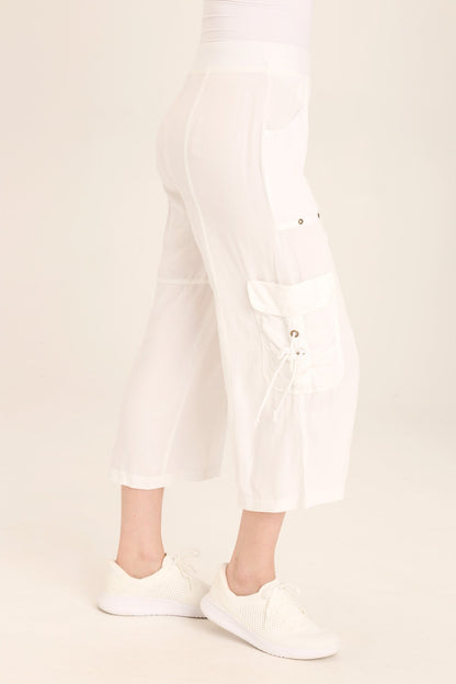 Wearables Yana Wide Leg Crop Cargo Gaucho pant with brass hardware + elastic waist in White White - XCVI