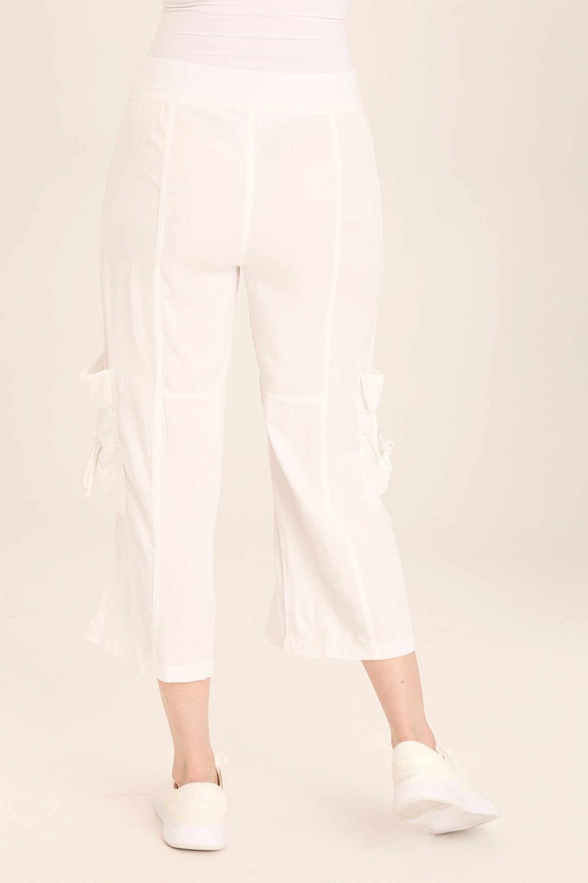 Wearables Yana Wide Leg Crop Cargo Gaucho pant with brass hardware + elastic waist in White White - XCVI