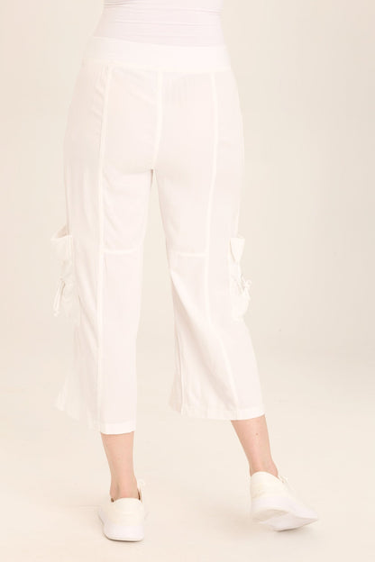 Wearables Yana Wide Leg Crop Cargo Gaucho pant with brass hardware + elastic waist in White White - XCVI