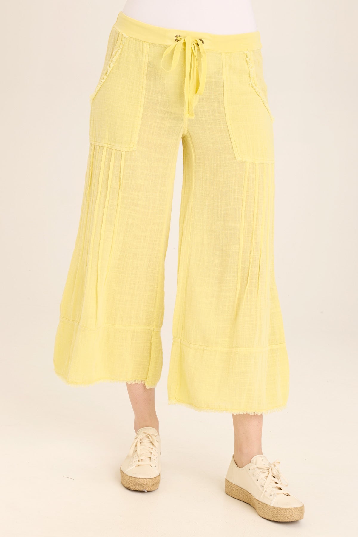 Wearables Ace Distressed Wide Leg Crop soft volume drawstring pant in Yellow Illume Pigment - XCVI