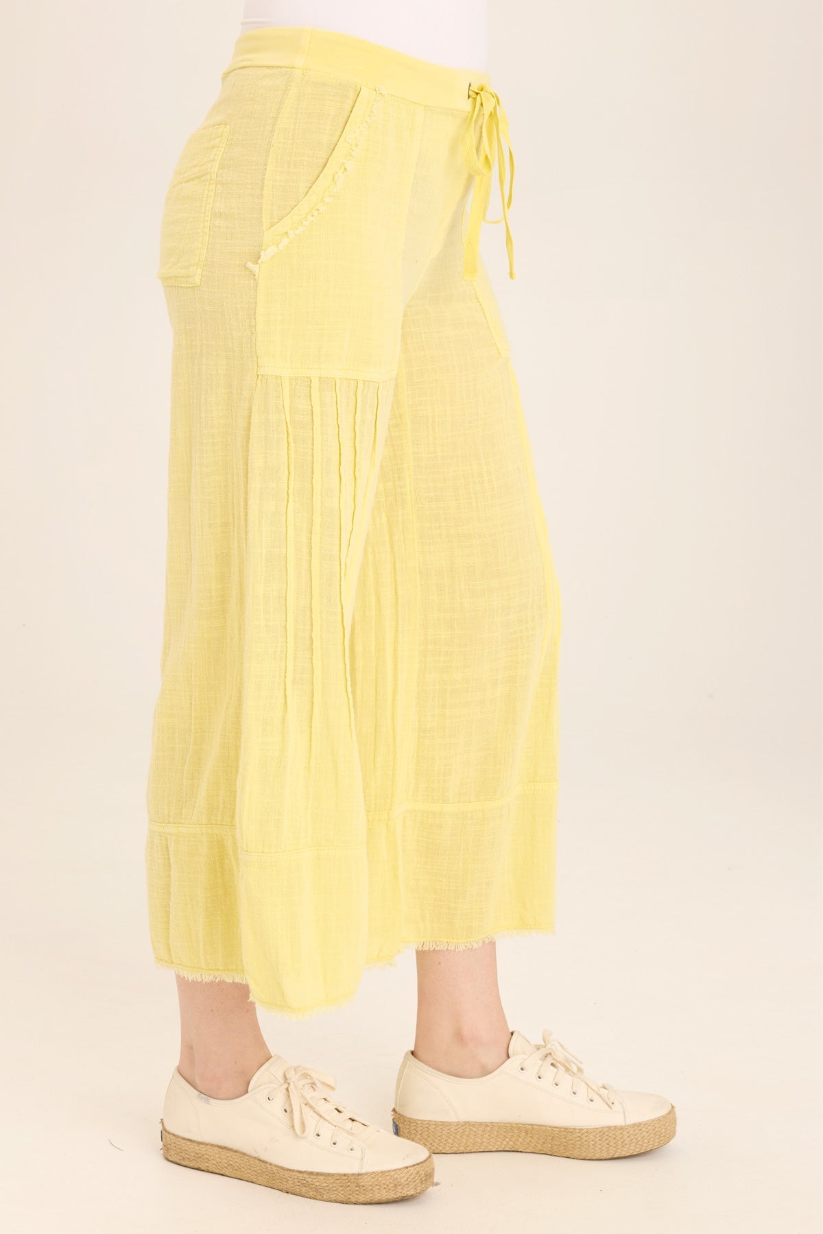 Wearables Ace Distressed Wide Leg Crop soft volume drawstring pant in Yellow Illume Pigment - XCVI