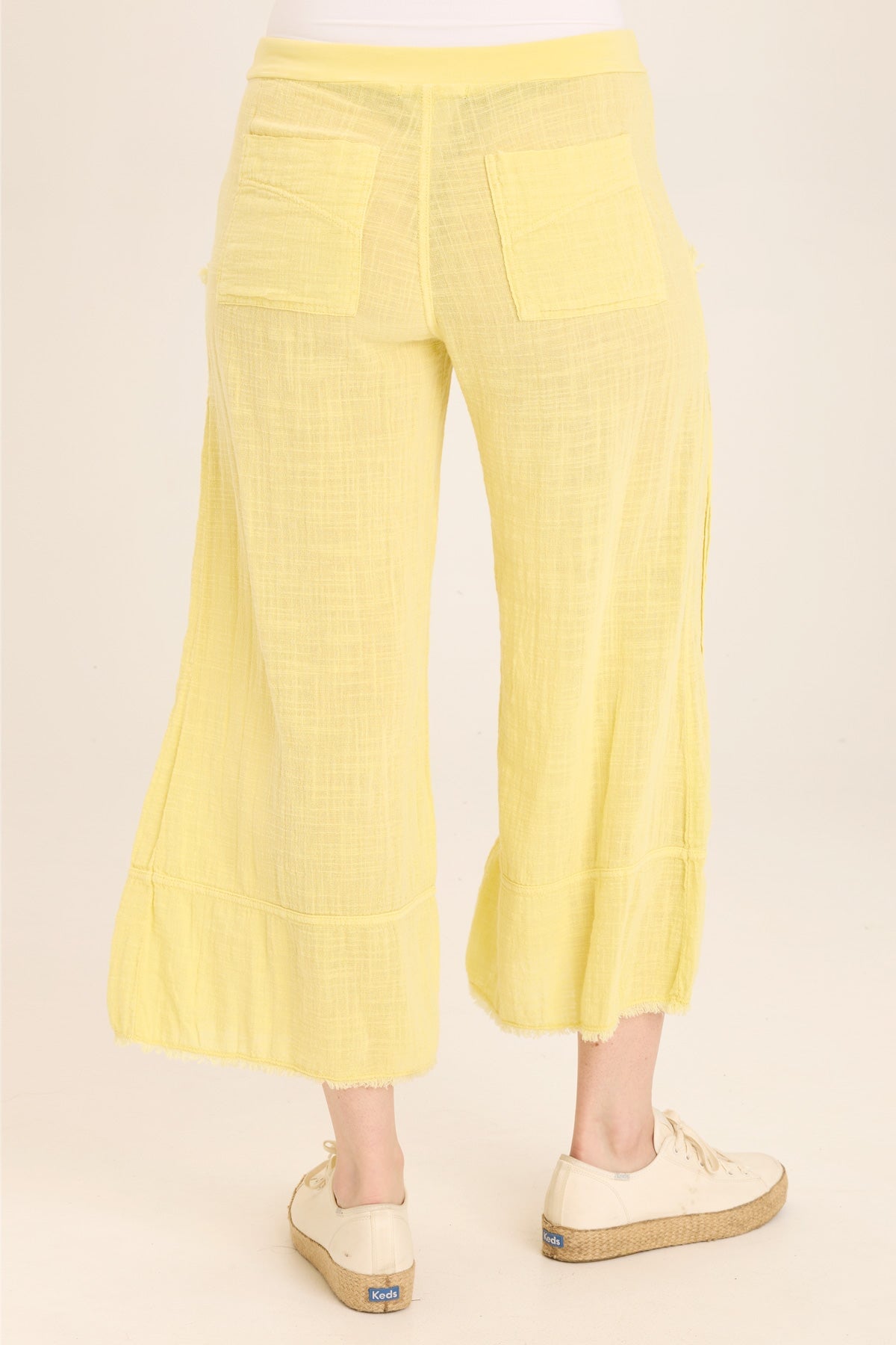 Wearables Ace Distressed Wide Leg Crop soft volume drawstring pant in Yellow Illume Pigment - XCVI