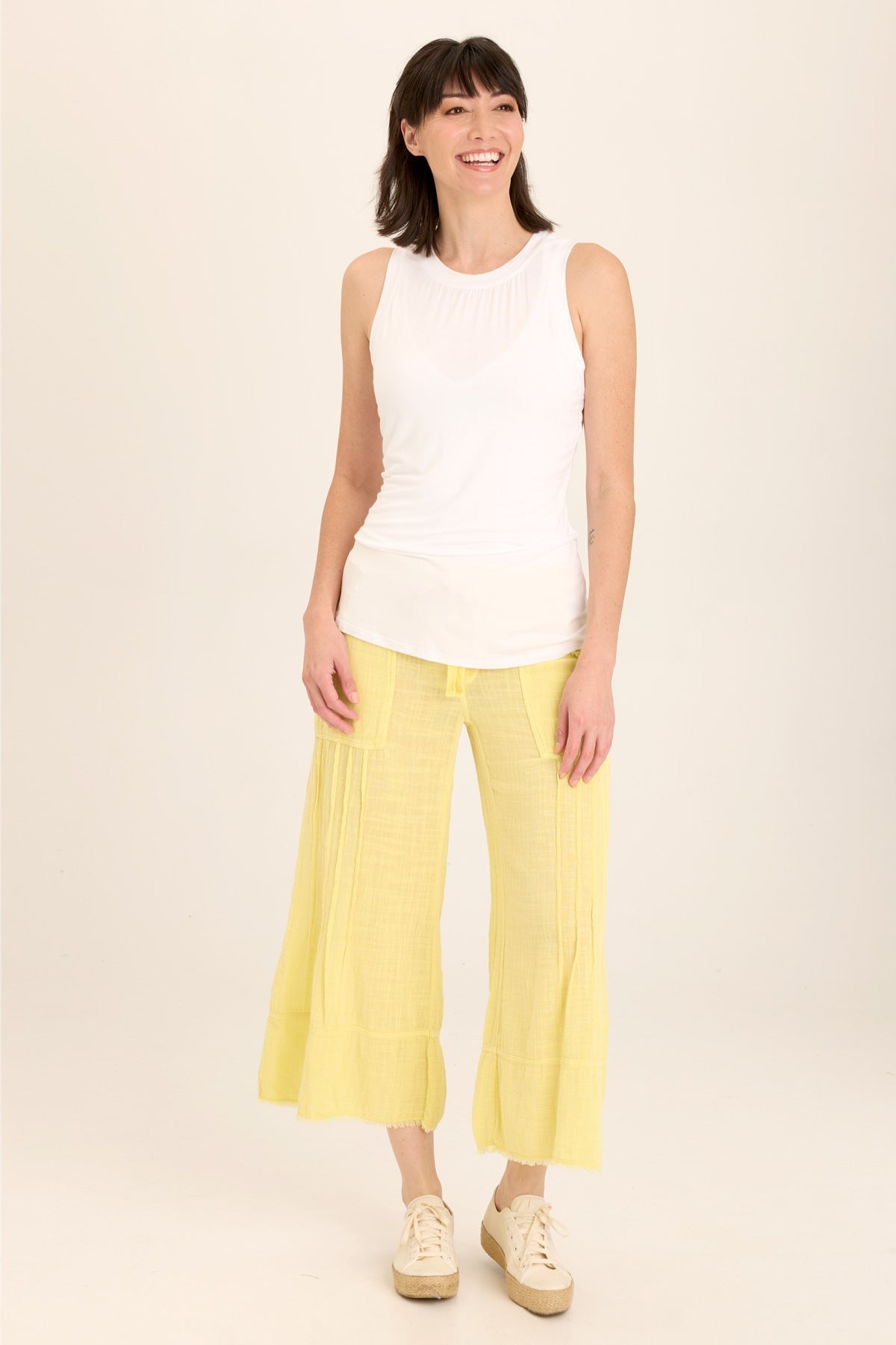 Wearables Ace Distressed Wide Leg Crop soft volume drawstring pant in Yellow Illume Pigment - XCVI