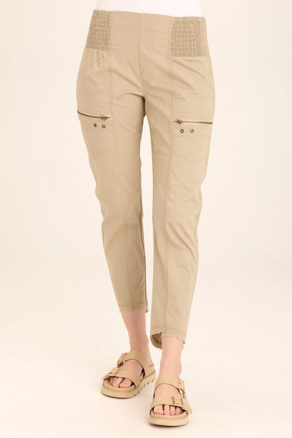 Wearables Acker Zipper Slim Crop with shirred panels, zipper pockets, and raw-edge distressed rounded hem in Beige  - XCVI