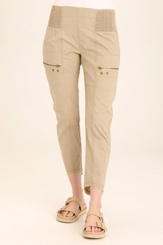 Wearables Acker Zipper Slim Crop with shirred panels, zipper pockets, and raw-edge distressed rounded hem in Beige  - XCVI