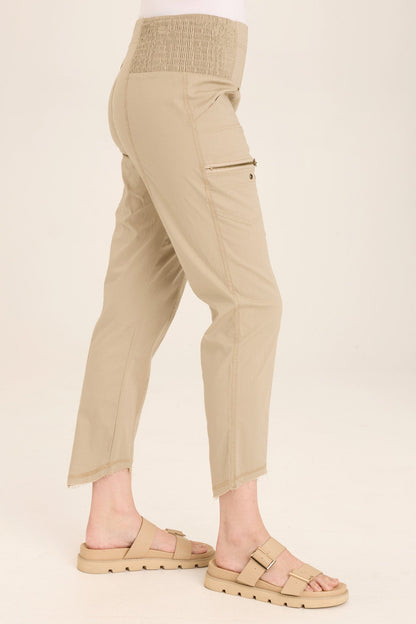 Wearables Acker Zipper Slim Crop with shirred panels, zipper pockets, and raw-edge distressed rounded hem in Beige  - XCVI