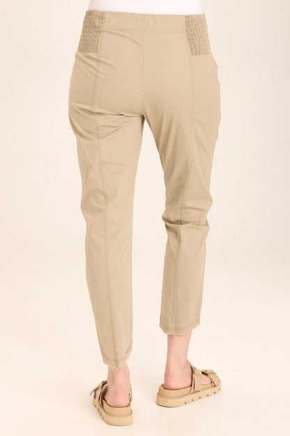 Wearables Acker Zipper Slim Crop with shirred panels, zipper pockets, and raw-edge distressed rounded hem in Beige  - XCVI