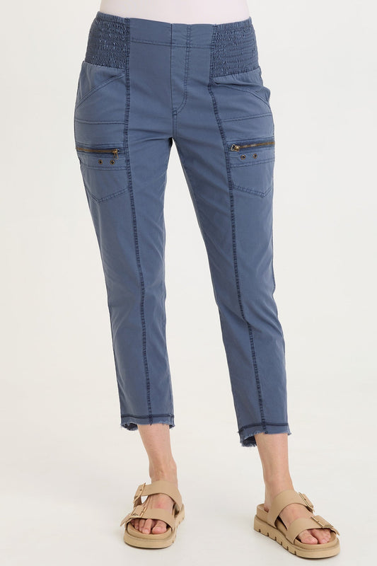 Wearables Acker Zipper Slim Crop with shirred panels, zipper pockets, and raw-edge distressed rounded hem in Blue  - XCVI