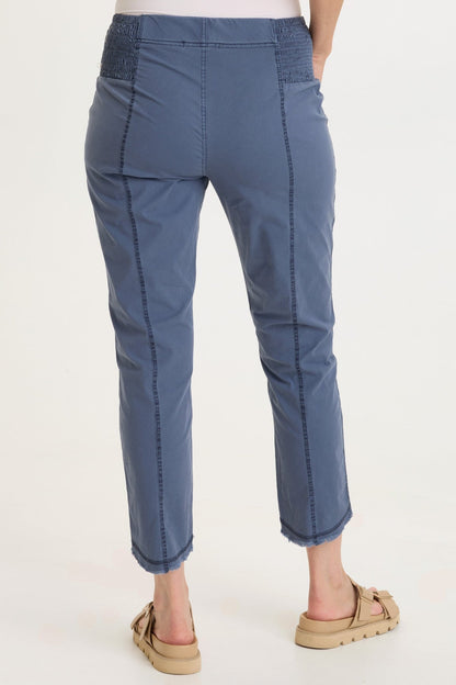 Wearables Acker Zipper Slim Crop with shirred panels, zipper pockets, and raw-edge distressed rounded hem in Blue  - XCVI