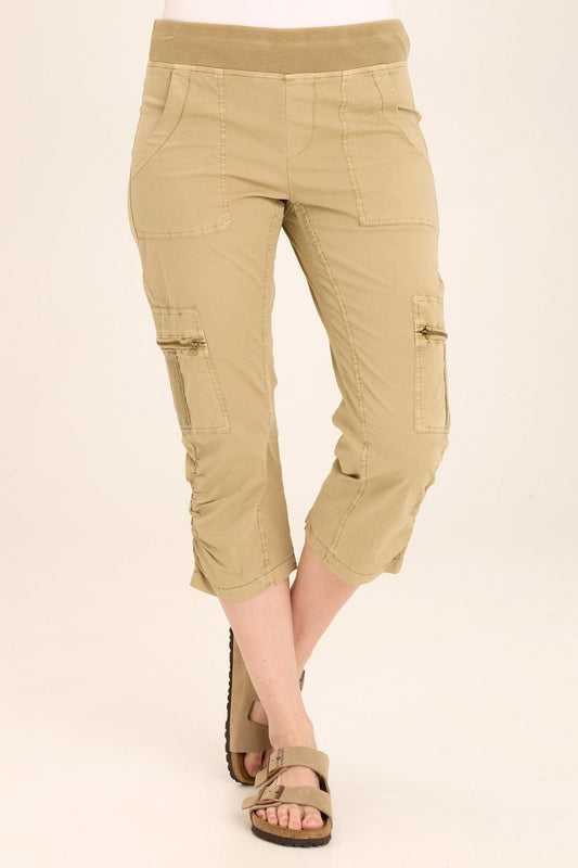Wearables Nadia Pull-On Slim Cargo Crop in Stretch Poplin with pull-on elastic rib waistband in Beige  - XCVI