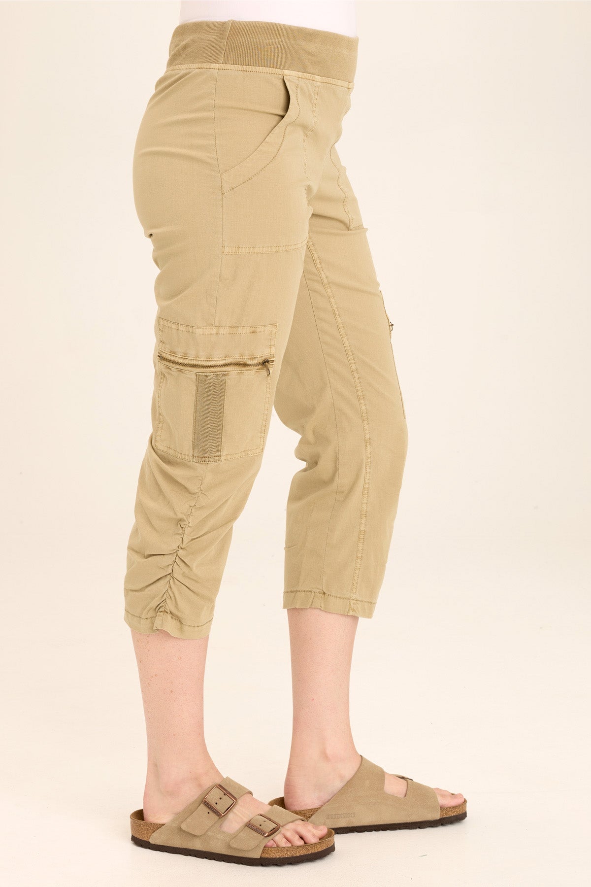 Wearables Nadia Pull-On Slim Cargo Crop in Stretch Poplin with pull-on elastic rib waistband in Beige  - XCVI