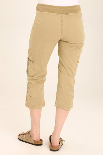 Wearables Nadia Pull-On Slim Cargo Crop in Stretch Poplin with pull-on elastic rib waistband in Beige  - XCVI