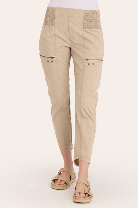 Core by Acker Zipper Slim Crop with shirred panels, zipper pockets, and raw-edge distressed rounded hem in Beige  - XCVI