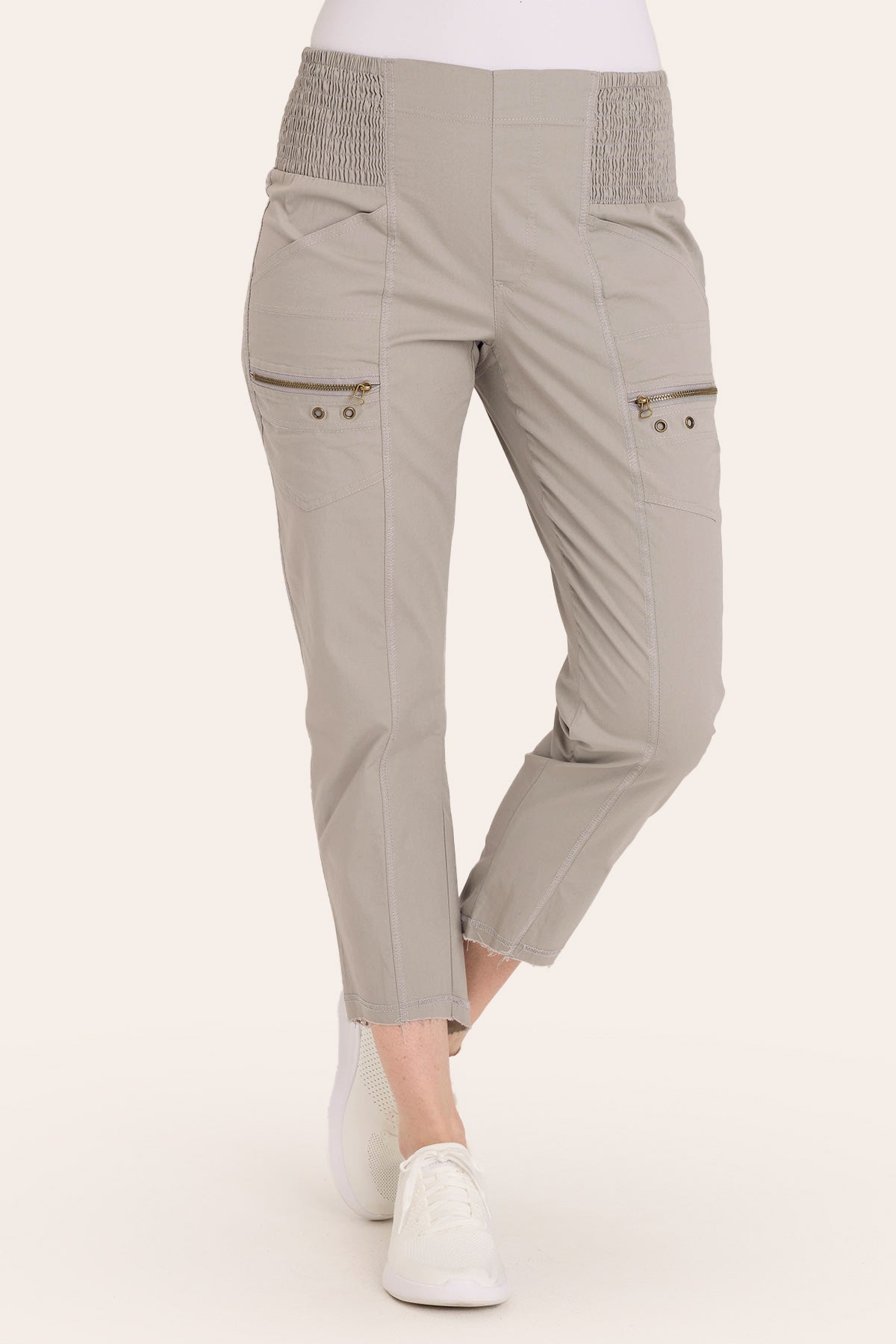 Core by Acker Zipper Slim Crop with shirred panels, zipper pockets, and raw-edge distressed rounded hem in Grey  - XCVI